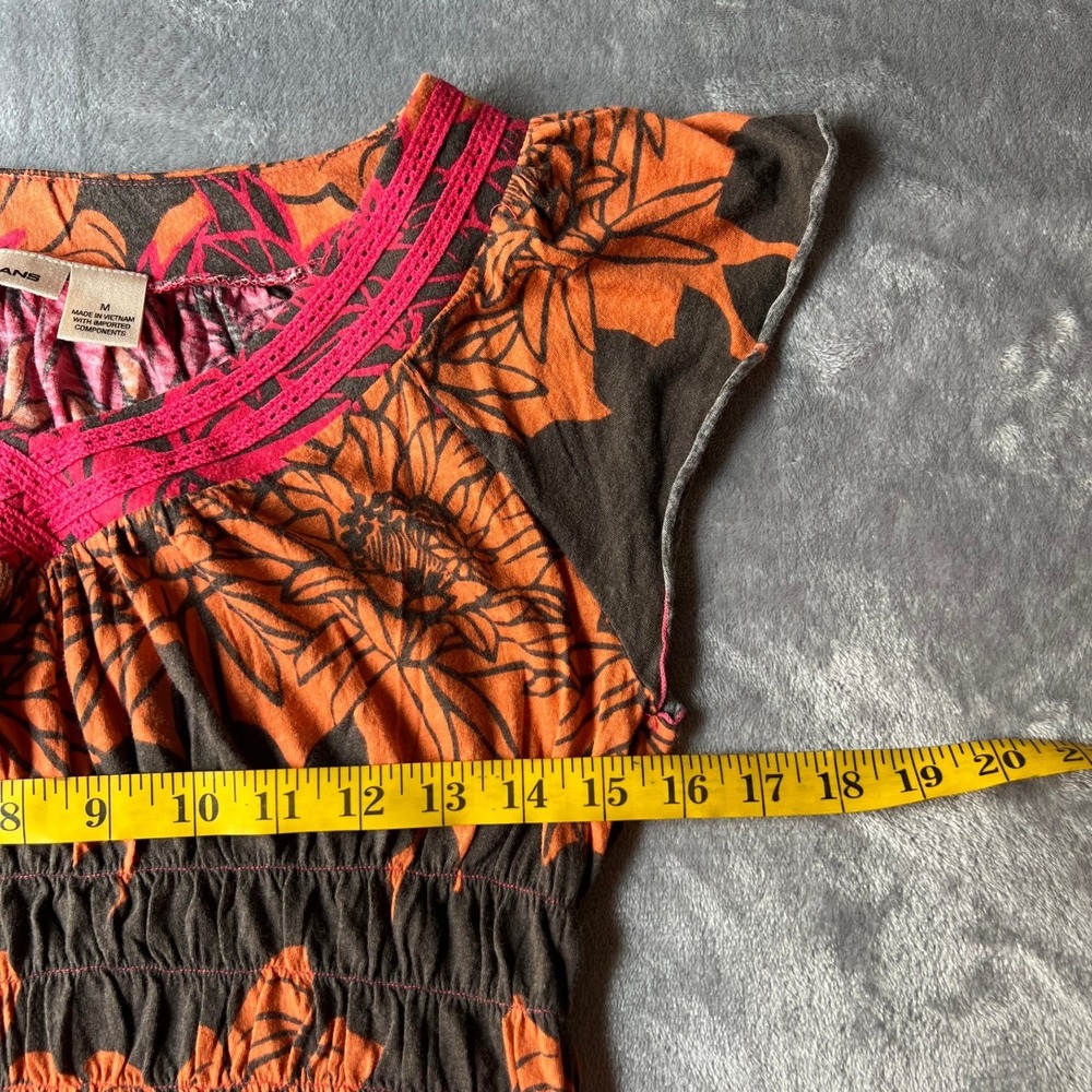DKNY Jeans Womens Floral Smocked Babydoll Top Orange Pink V-Neck Blouse Size M - Picture 5 of 7